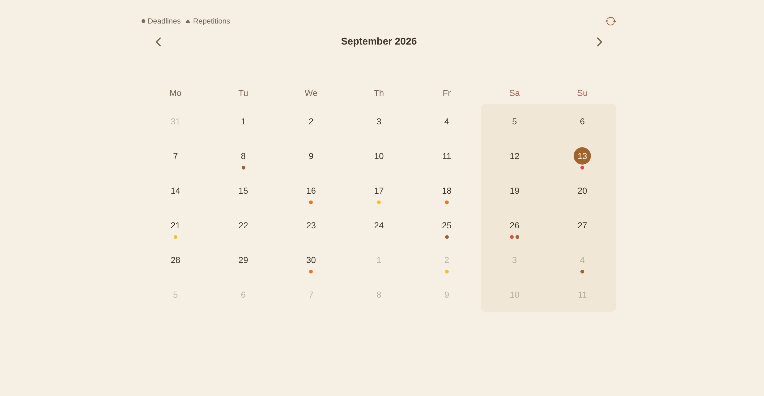 A month in the Idus calendar, today ringed in blue, deadline dots under the days in yellow, orange and red.