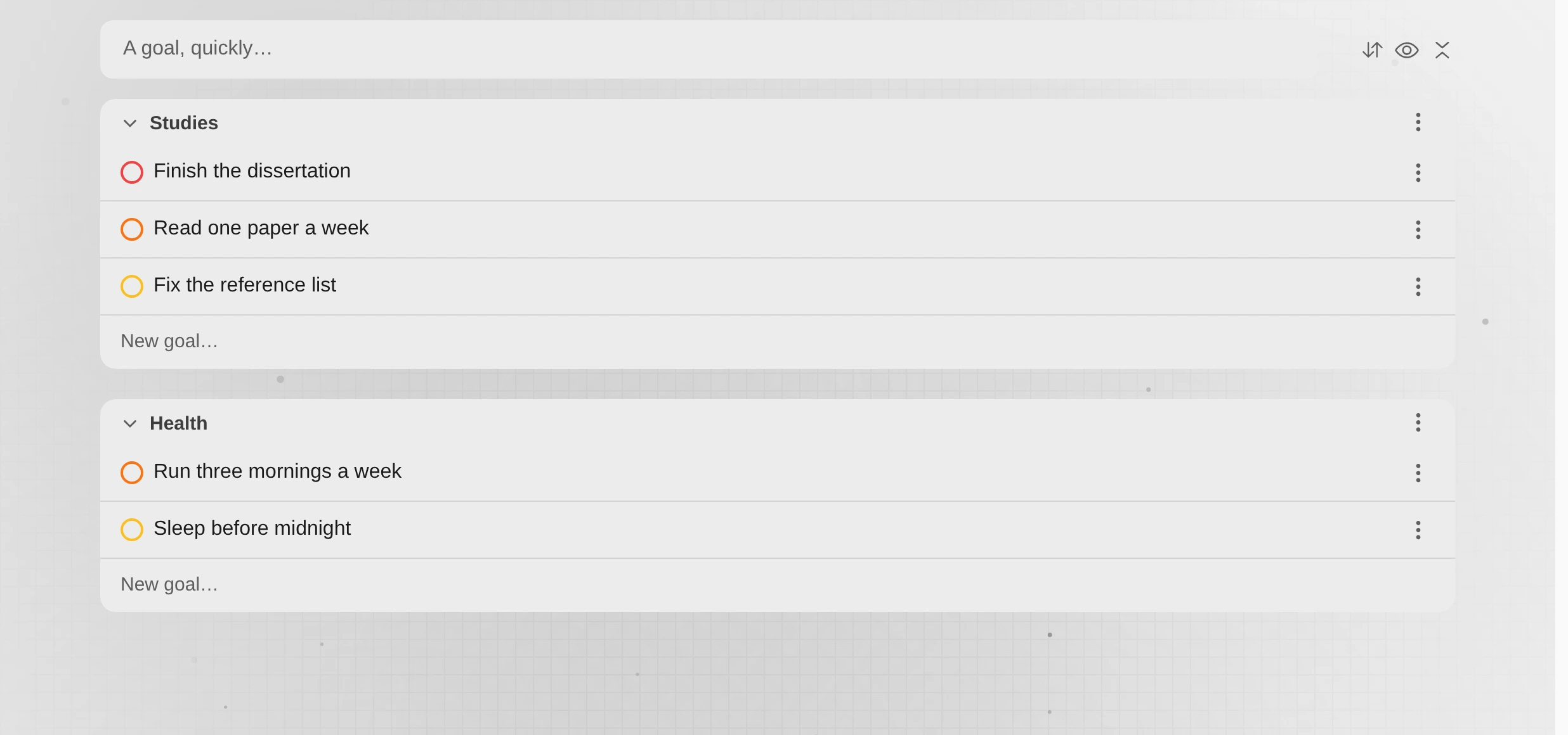 Goals in Idus, grouped into categories, each carrying its importance.